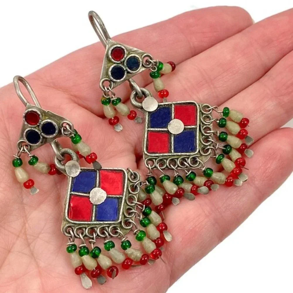 Gypsy Earring, Middle Eastern, Old Silver, Red, Blue Jewels, Glass, Kashmir